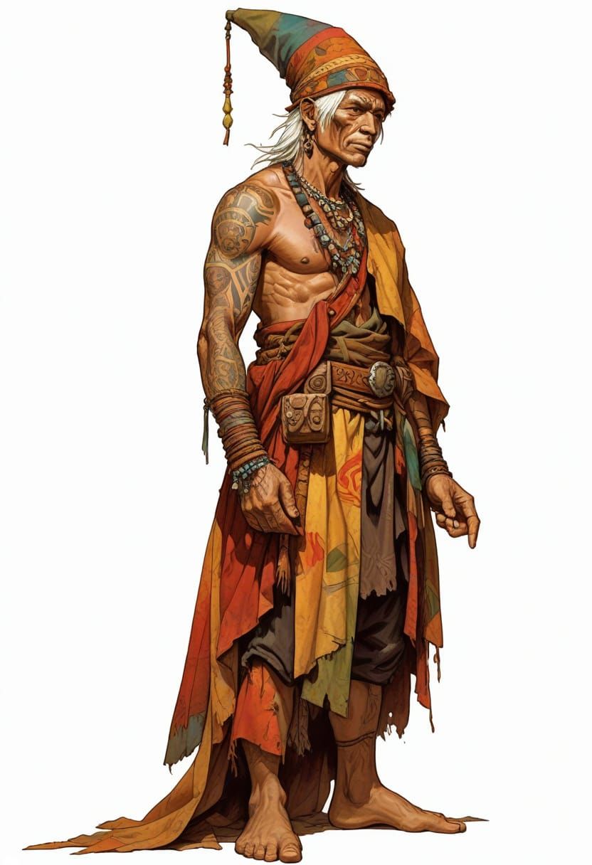 Tattooed Polynesian Man in Patchwork, Heroic Fantasy Illustr...