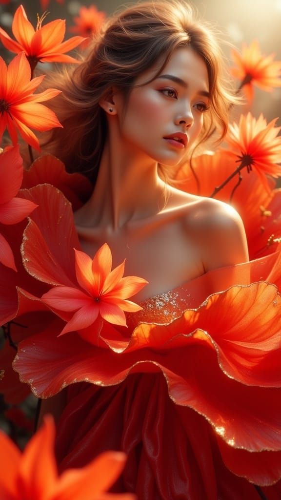 Stunning Model in Fiery Red Flower Gown