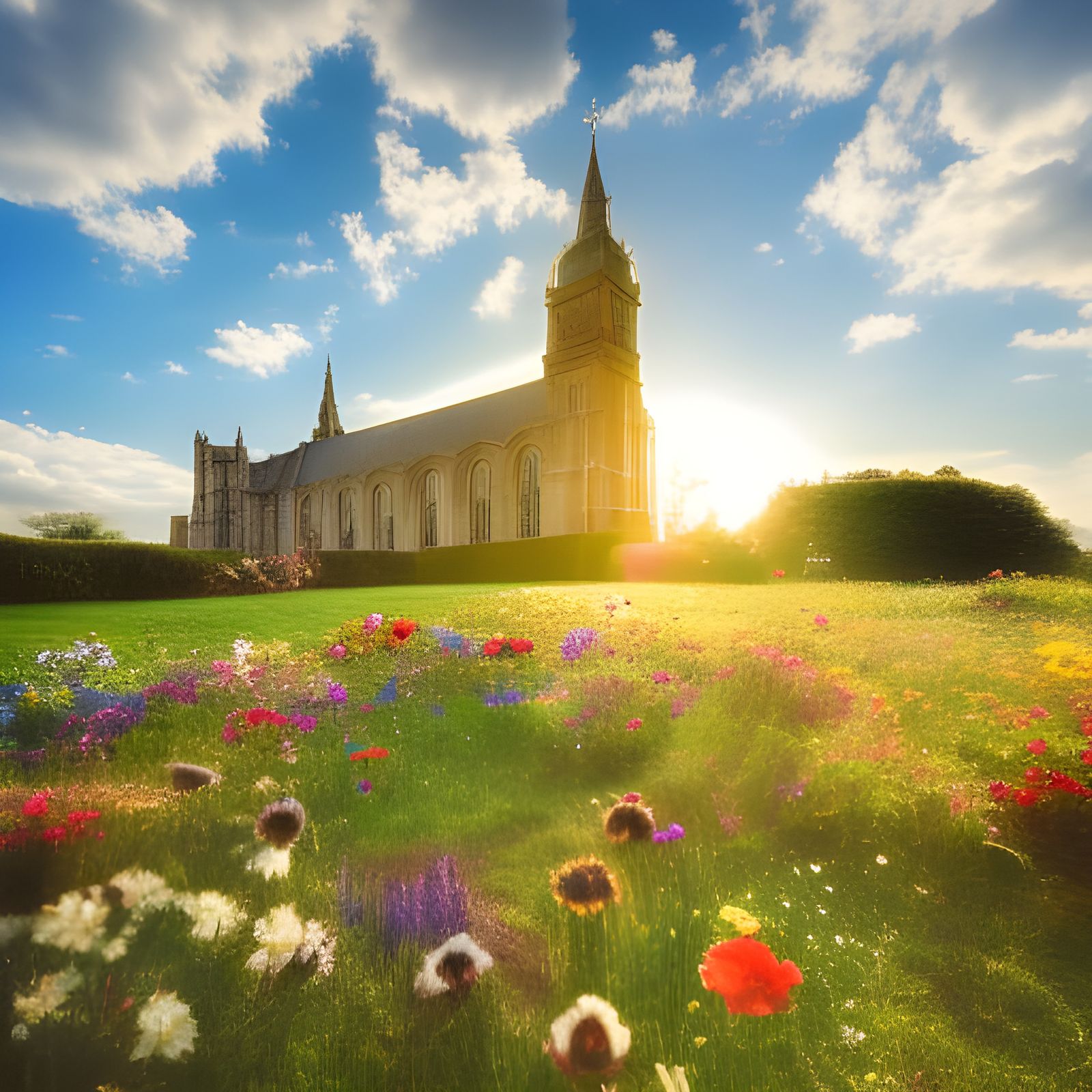 London Church in Sunlight with Flowers