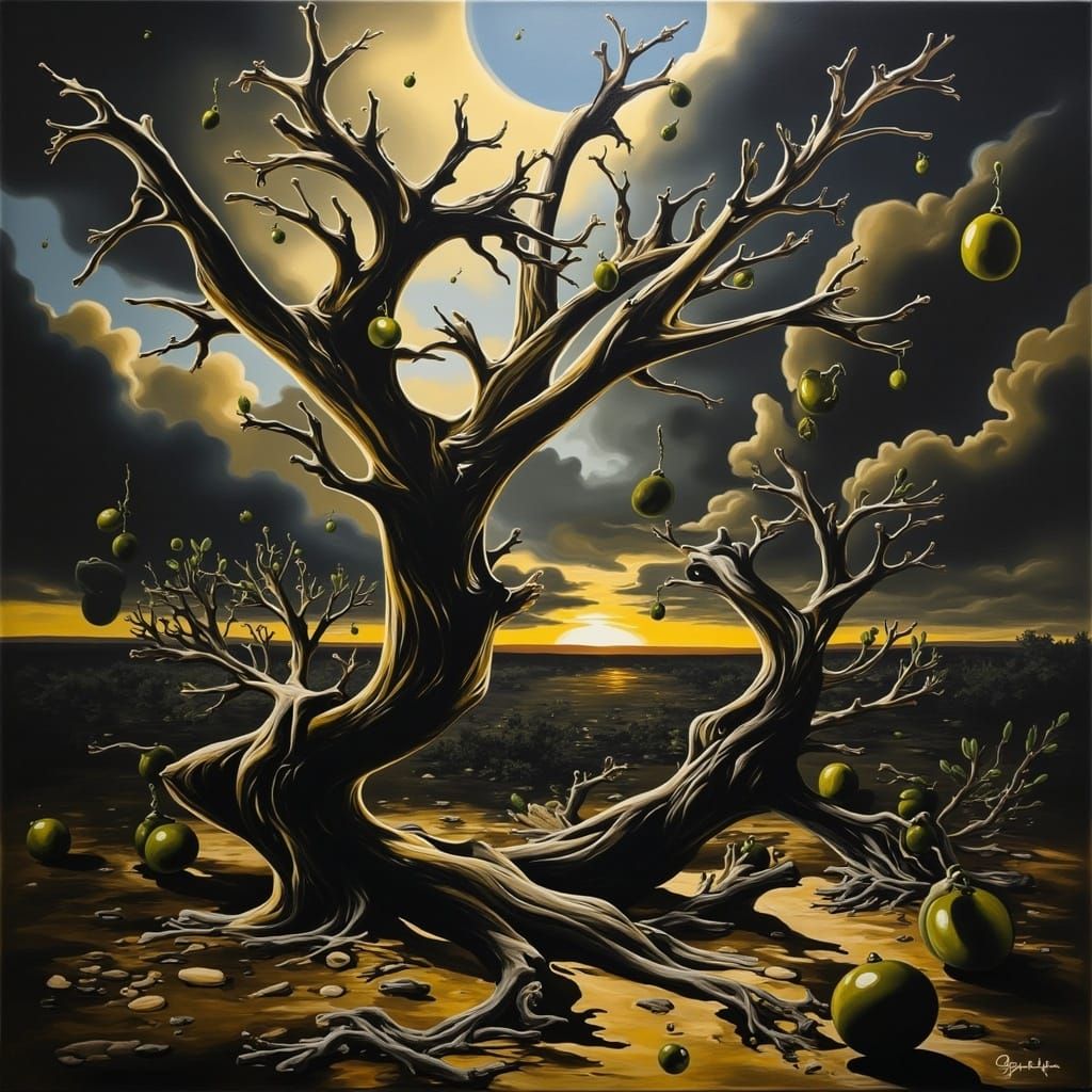 Ravaged Olive Grove in Gritty Hyper-Realism