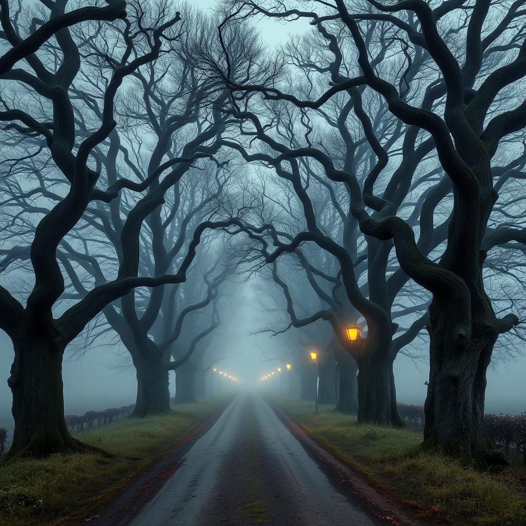 Misty Lane at Dusk in Hyperrealistic Style