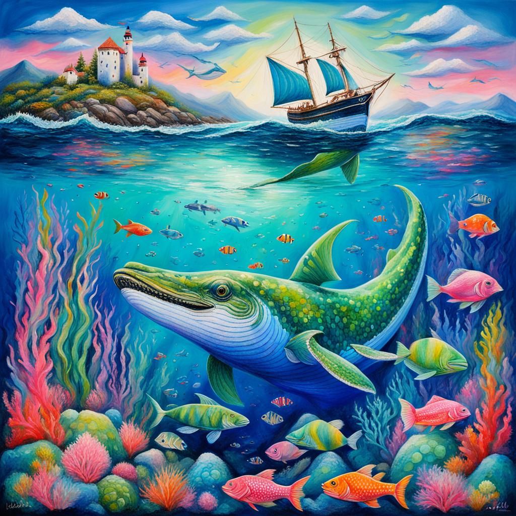 Fantasy Seascape with Whale, Dragon, and Mermaid