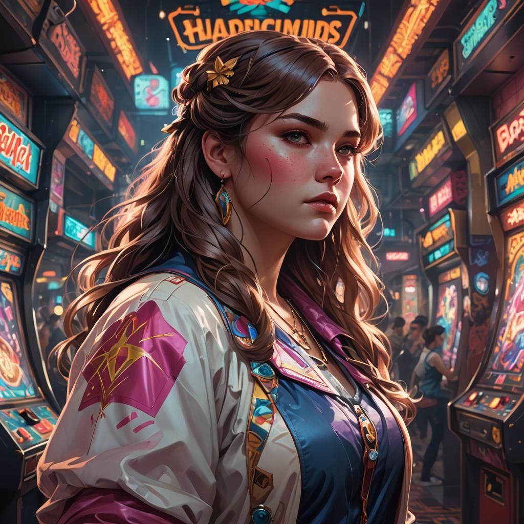 BBW Portrait in a 1980s Arcade, Digital Art