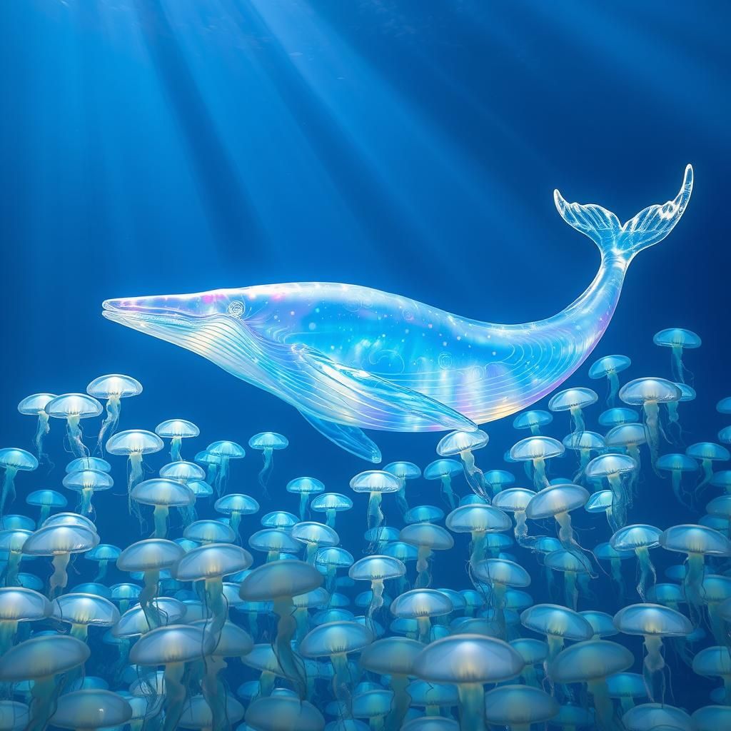 Luminous Glass Whale Breaching in Bioluminescent Sea