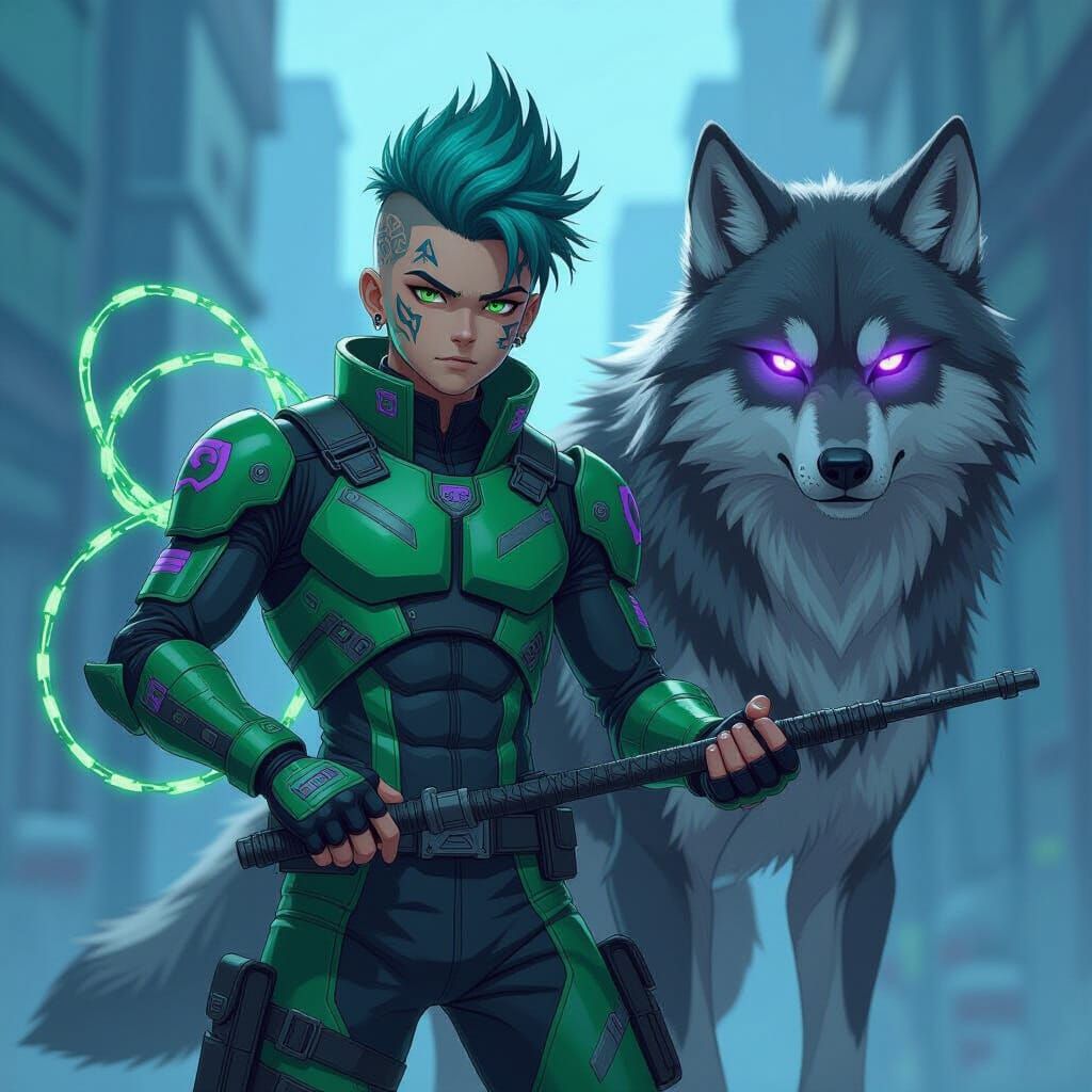 Anime Boy with Electric Whips and Wolf Companion