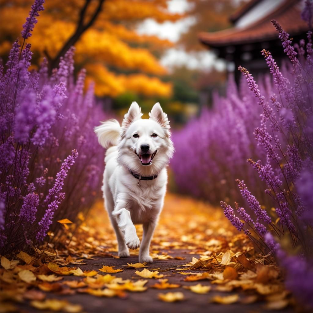 A happy dog walking among purple flowers and golden fall leaves