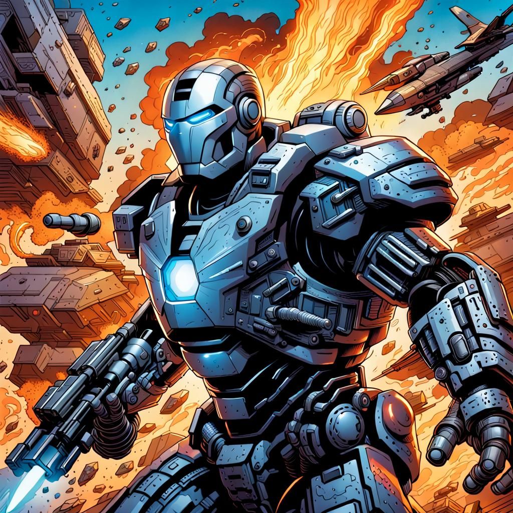 Hyperrealistic War Machine Portrait in Comic Book Style