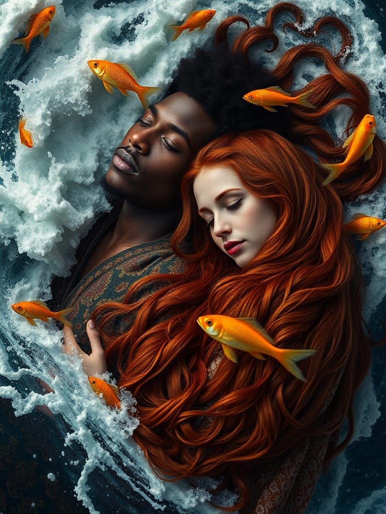 Serene Embrace Amidst Ocean Waves and Golden Fish