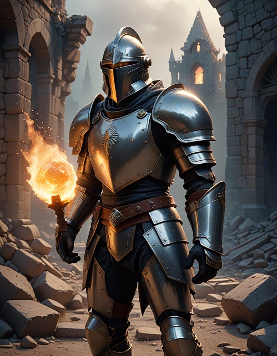 Pixar Knight with Glowing Meteor Shield in Misty Ruins