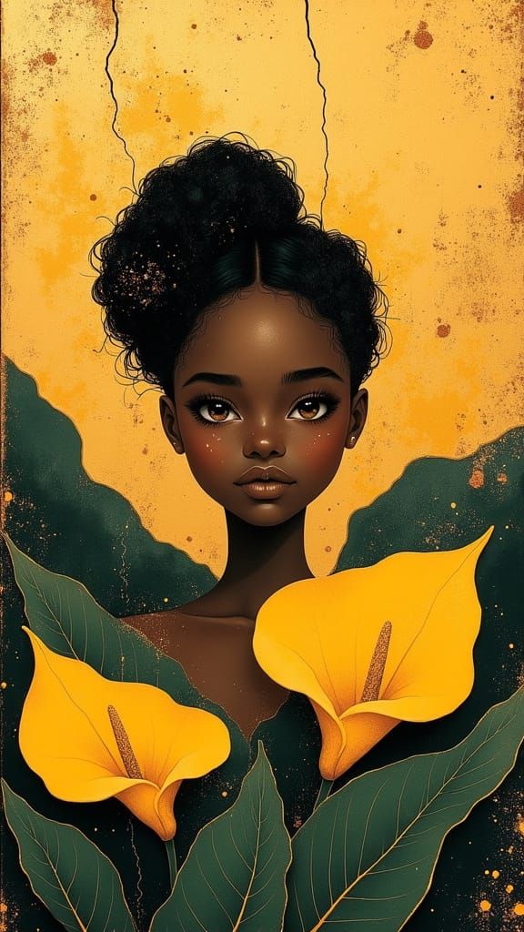 Elegant Portrait of Black Girl with Golden Lilies