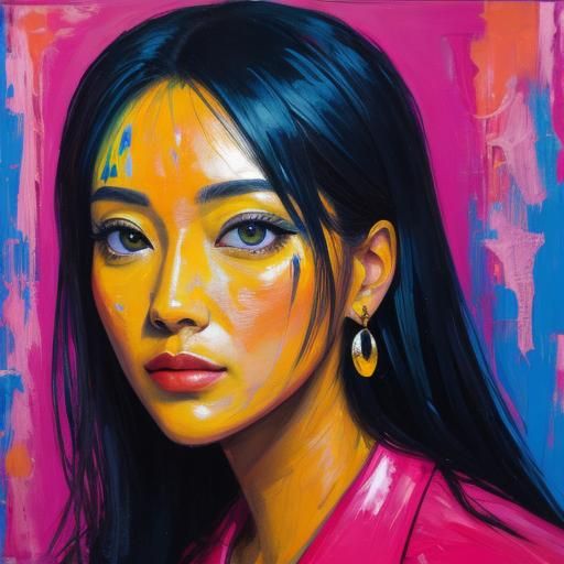 Surprised Portrait in Split-Complementary Acrylics