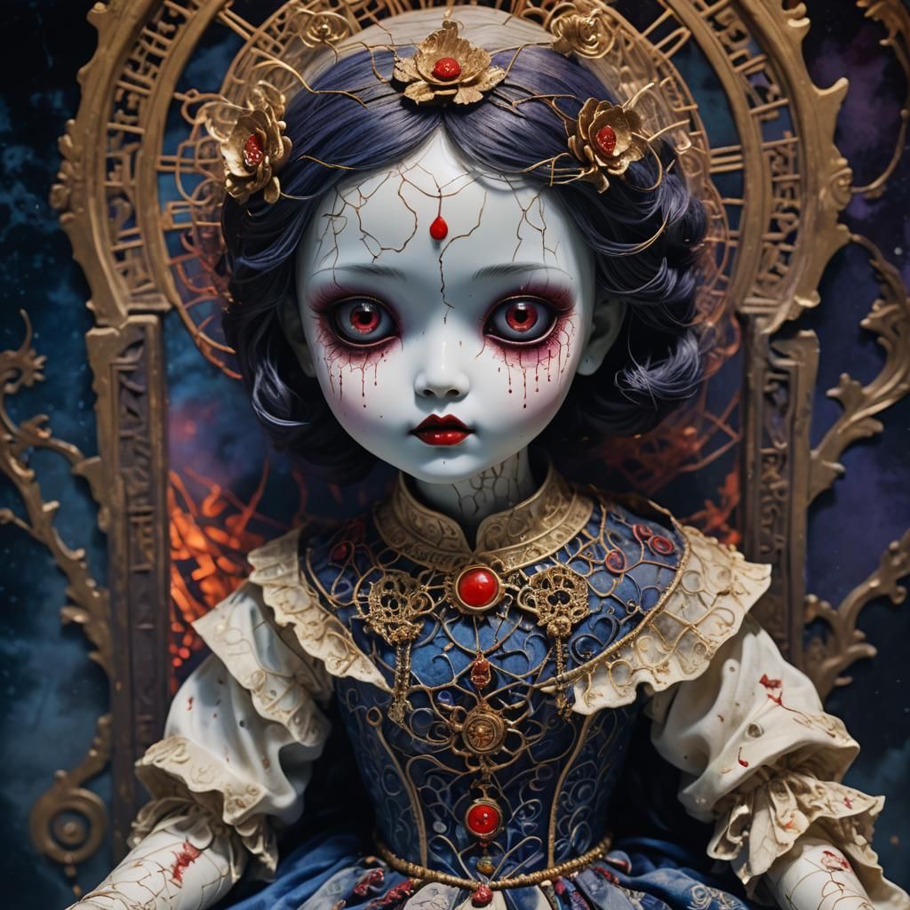 Creepy Possessed Doll on Velvet Pedestal