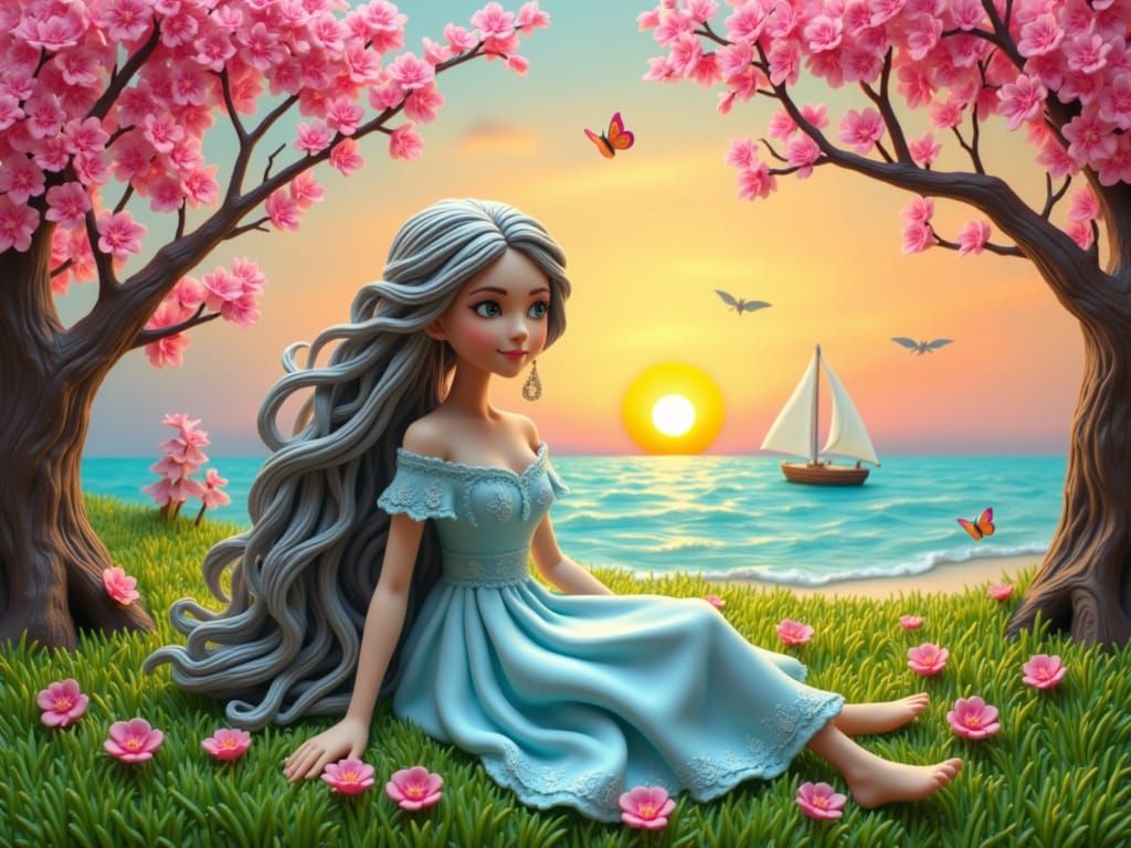 Clay Art Serene Sunset Meadow Illustration