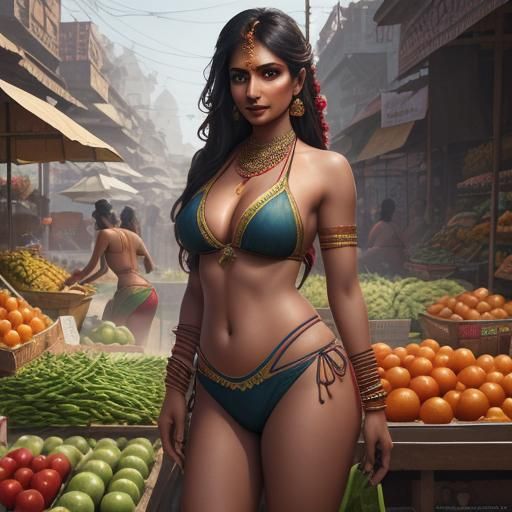 Indian Girl in Bikini Selling Vegetables: Detailed Matte Pai...