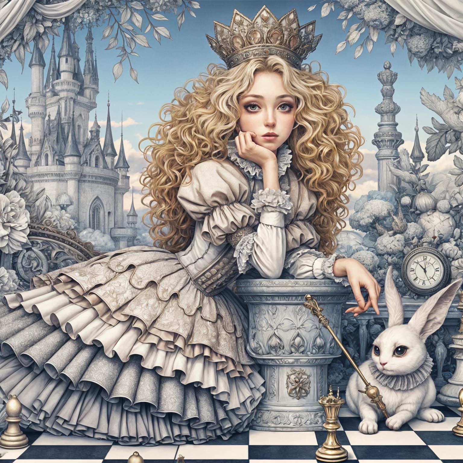 Elegant Woman on Chess Throne in Whimsical Style