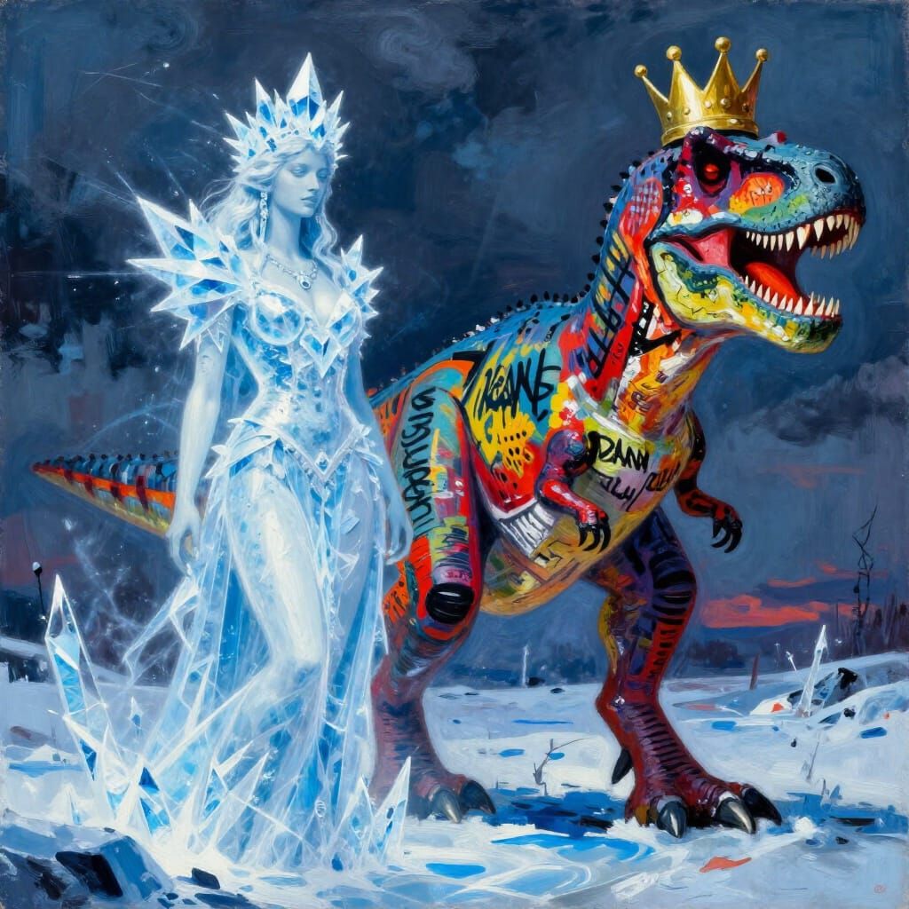 Ice Goddess Beside Basquiat-Style Crowned T-Rex
