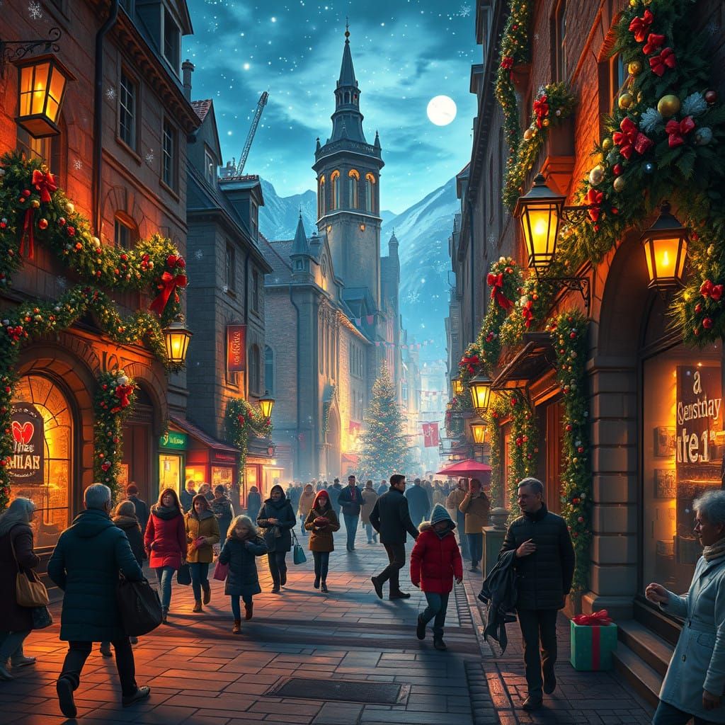 Mystical Christmas Cityscape with Mistletoe and Lush Greener...