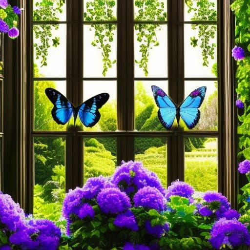 Window with Blue and Purple Flowers, Realistic Digital Art