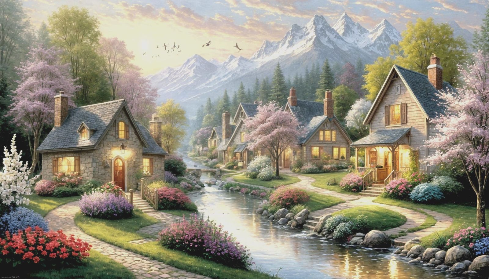Whimsical Spring Village Scene in Soft Watercolor Style