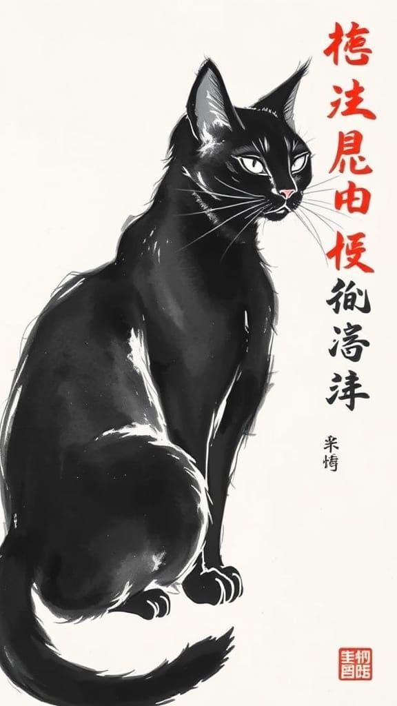Chinese Black Cat in Ink, Qi Baishi Style