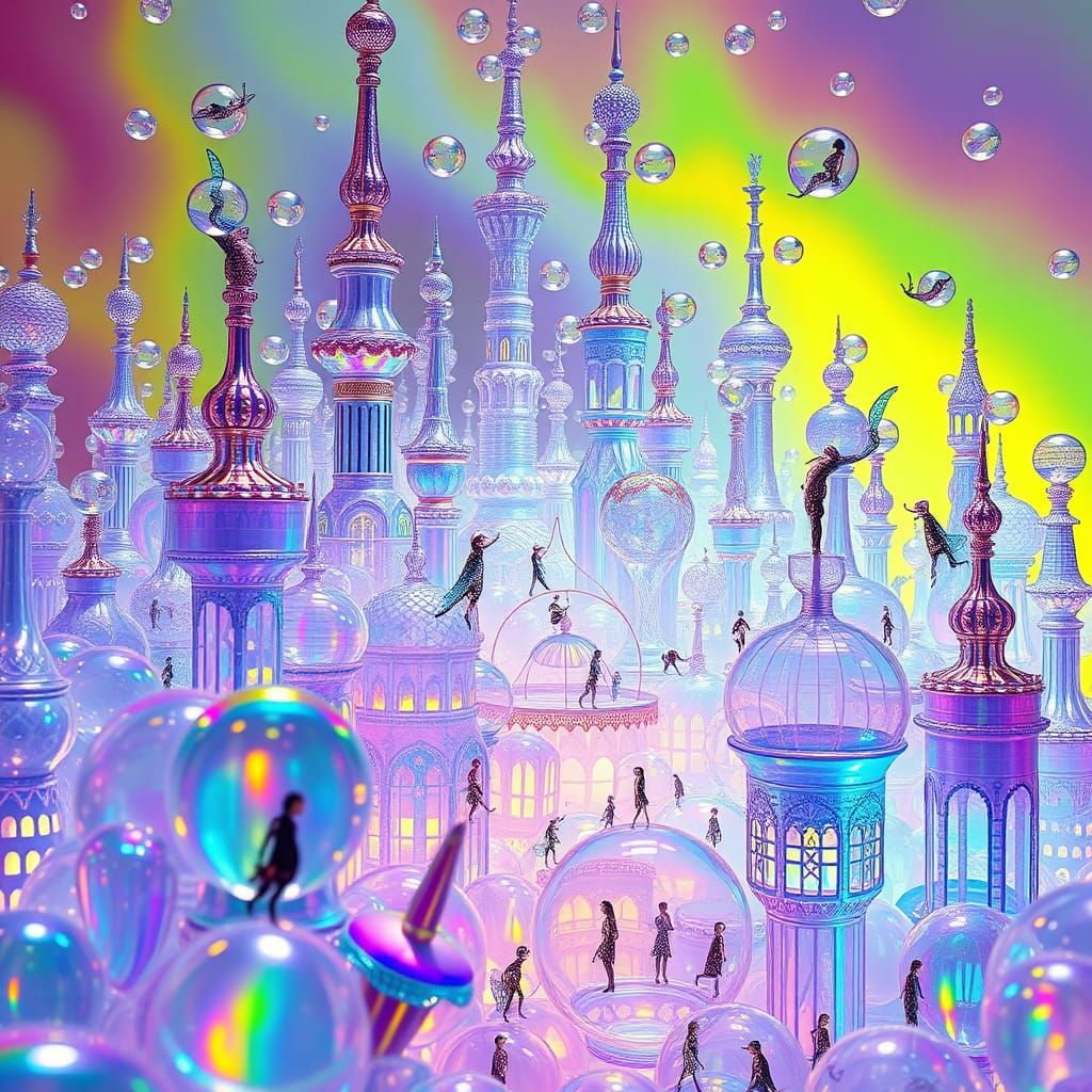 Surreal Cityscape in Vibrant, Iridescent Bubbles