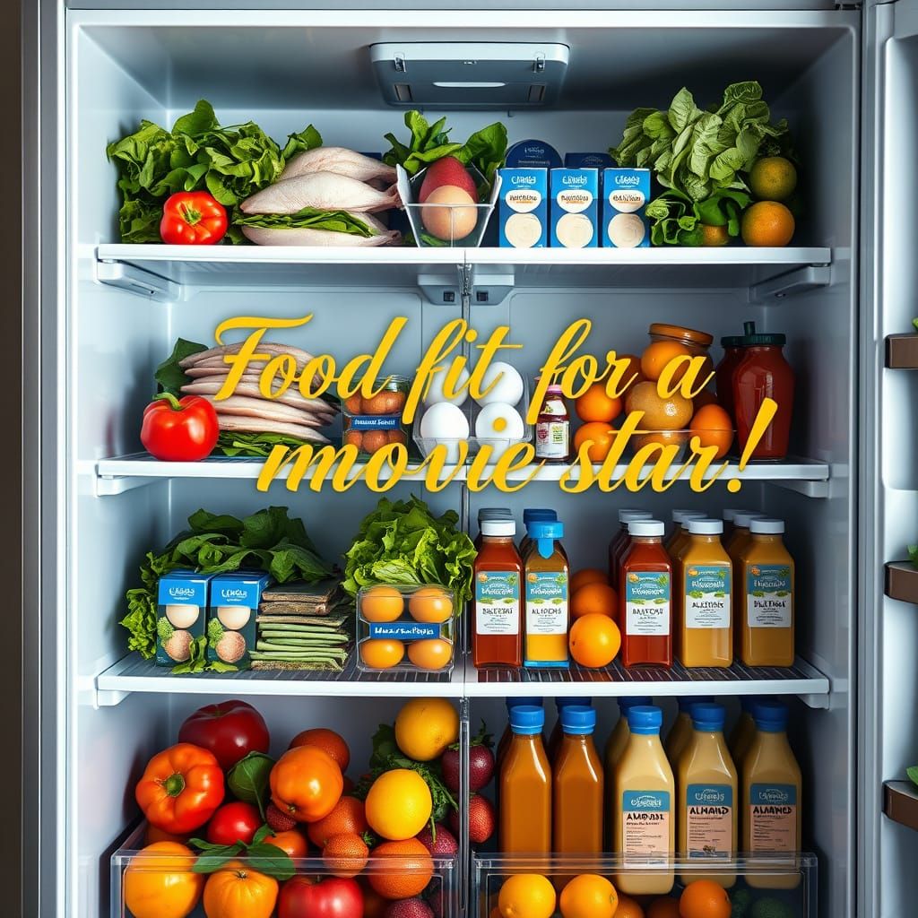 A movie star showcases their refrigerator contents