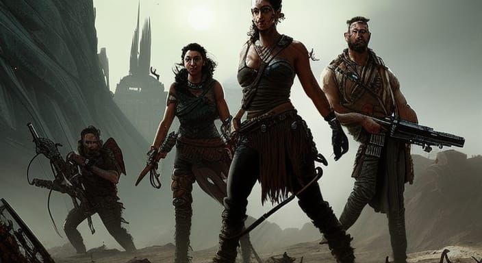 Nomad Warriors Fight Aliens in Dark Fantasy Landscape