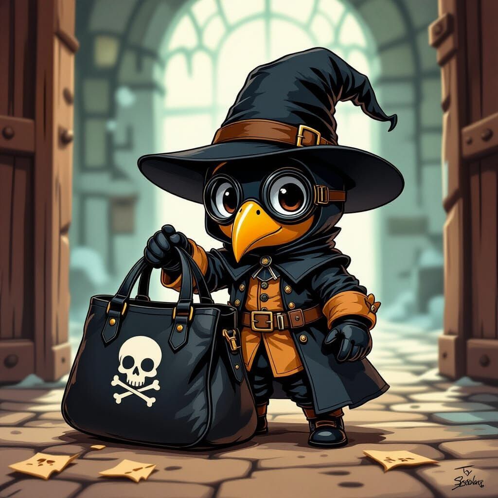 Chibi Plague Doctor with Oversized Bag in Noir Renaissance S...