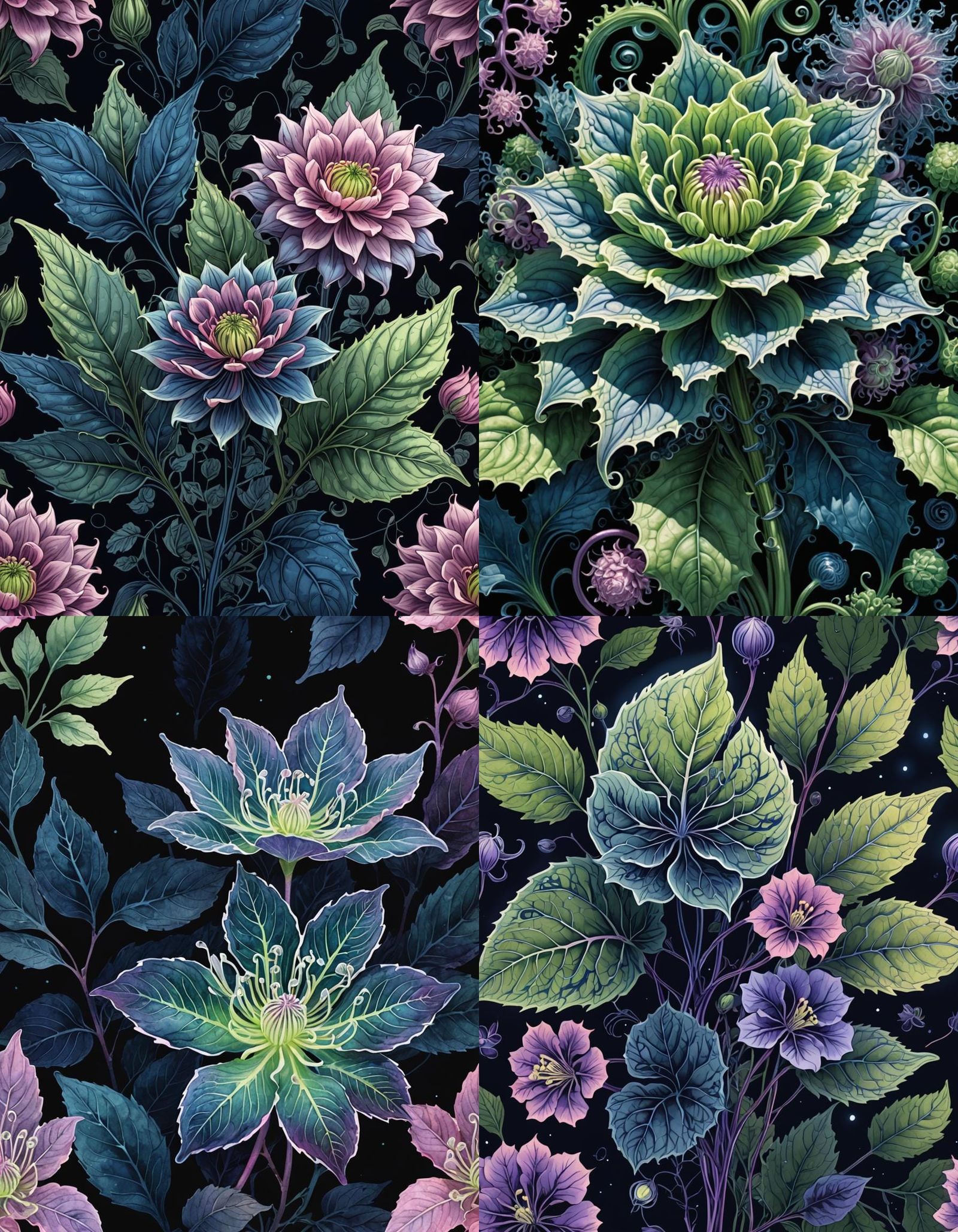 Botanical Illustration of Fluorescent Plant at Night