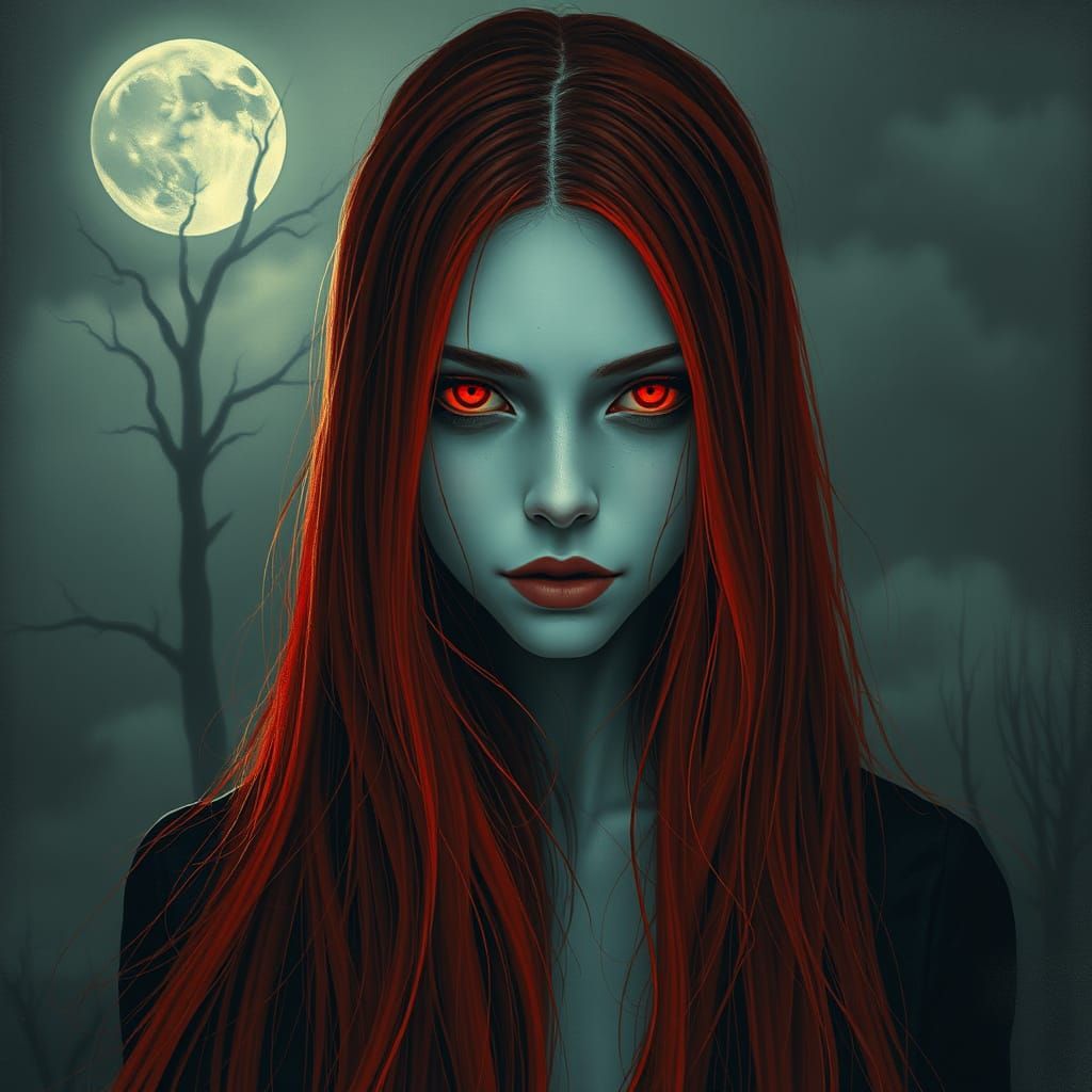 Otherworldly Red Haired Woman in Moonlit Landscape