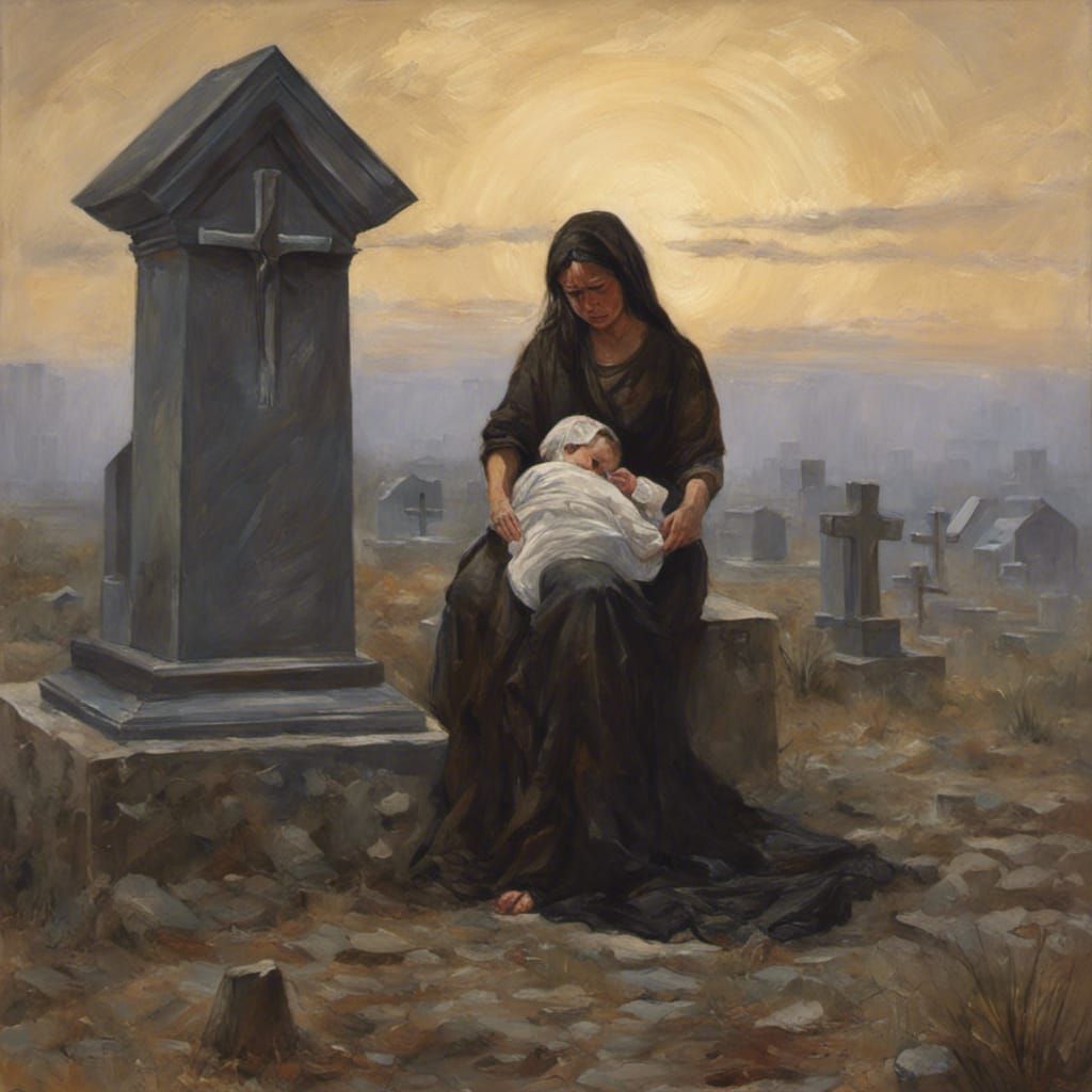 Mother's Grief: Oil Painting at a Grave