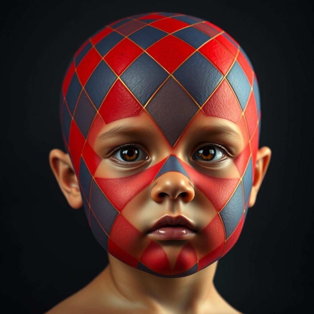 Surrealistic Portrait of a Child's Head in Geometric Mask