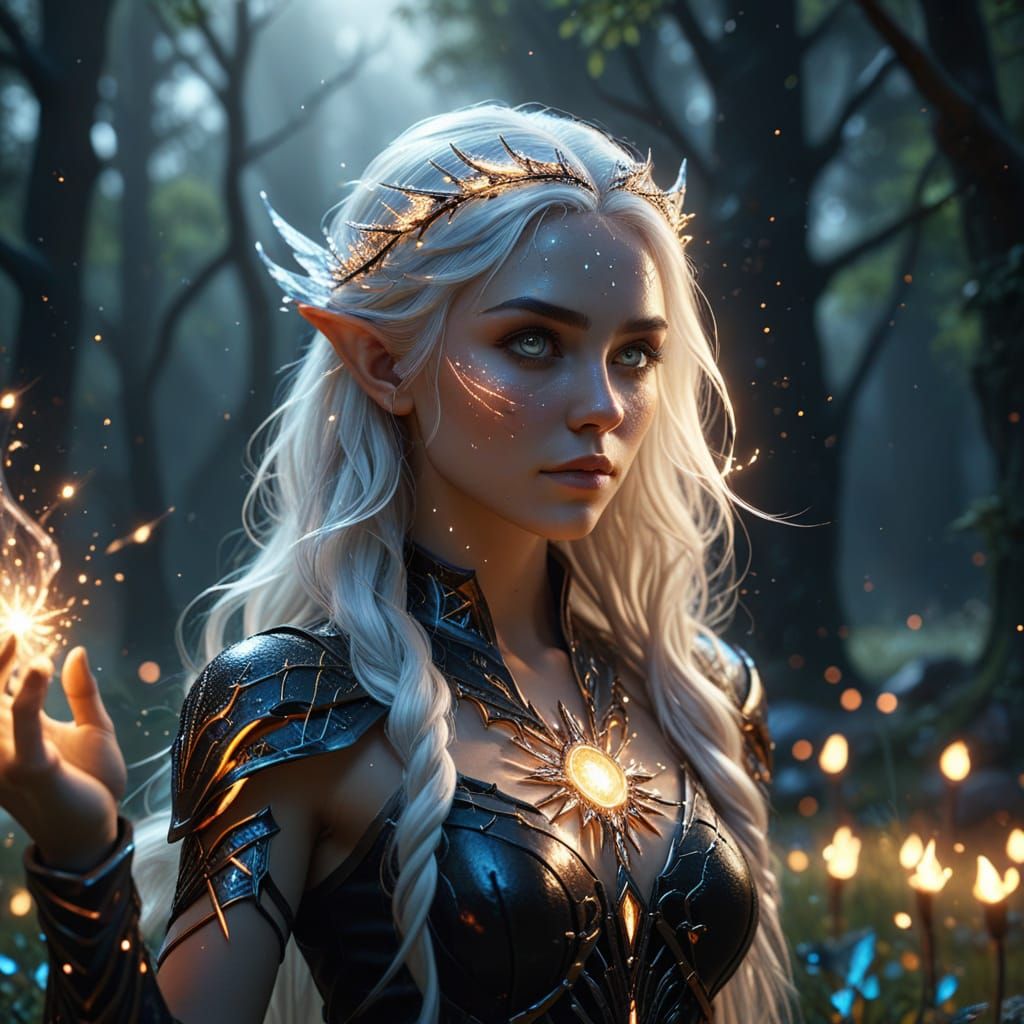 Elf Sorceress Casting Light Spell as Digital Oil Painting