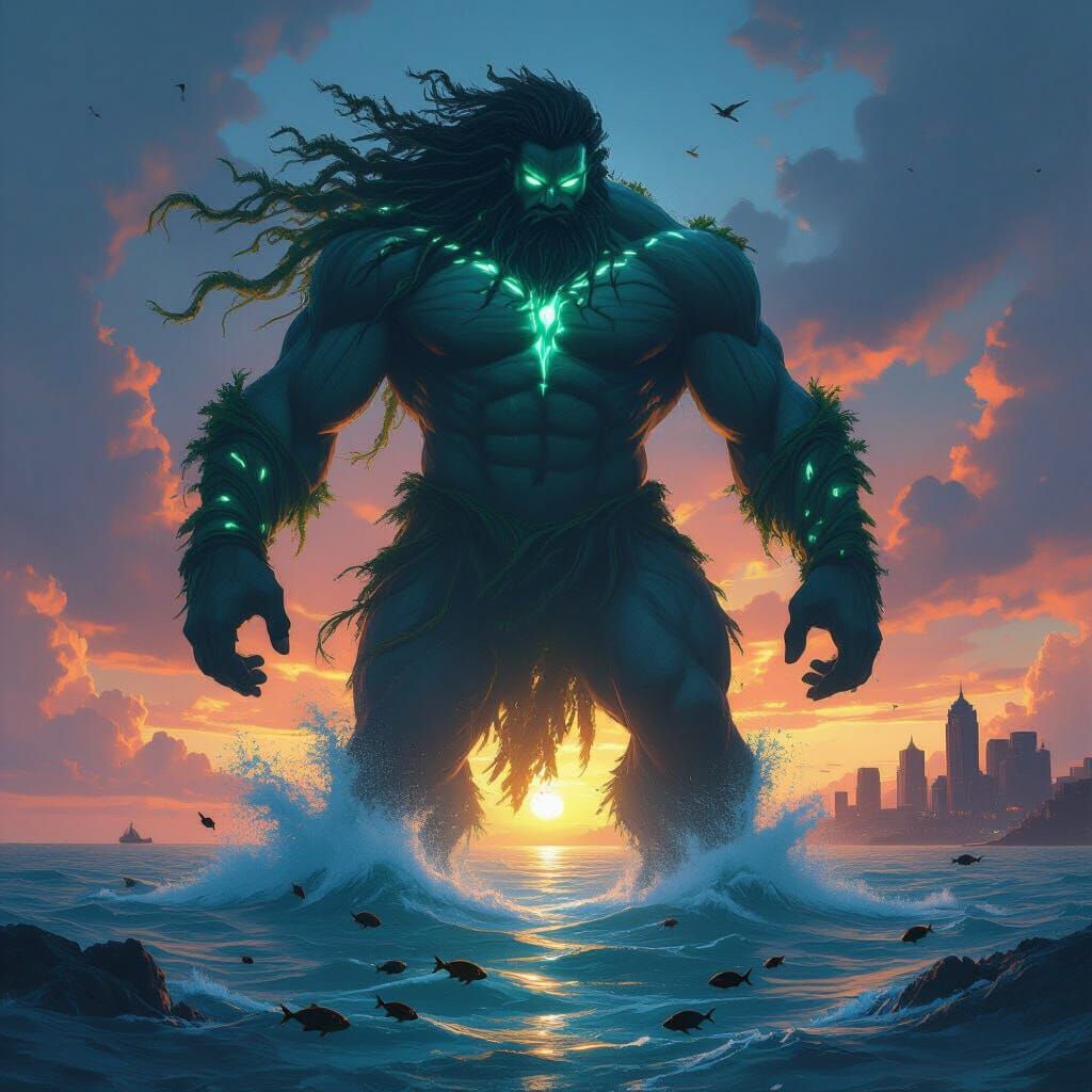 Majestic Giant Rises from Ocean Depths at Sunset