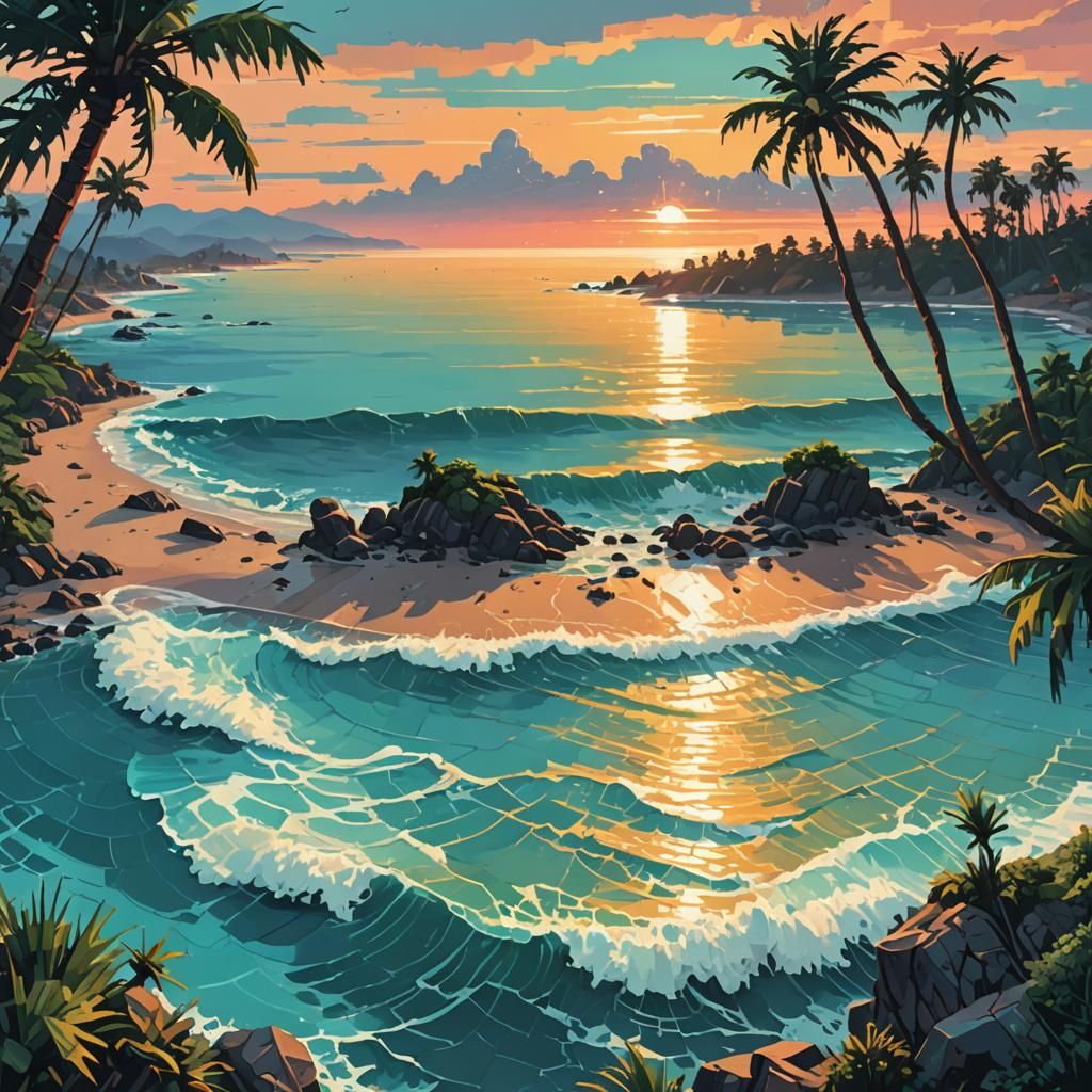 Serene Pixel Art South Ocean Landscape at Sunset