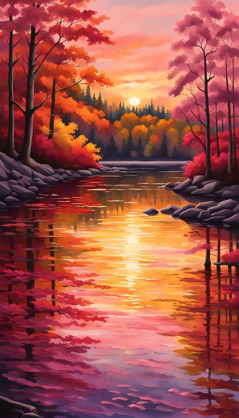 Autumn Sunset Lake in Photorealistic Splash Art