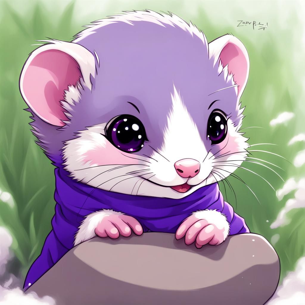 Cute Purple Ferret Baby in Anime Style