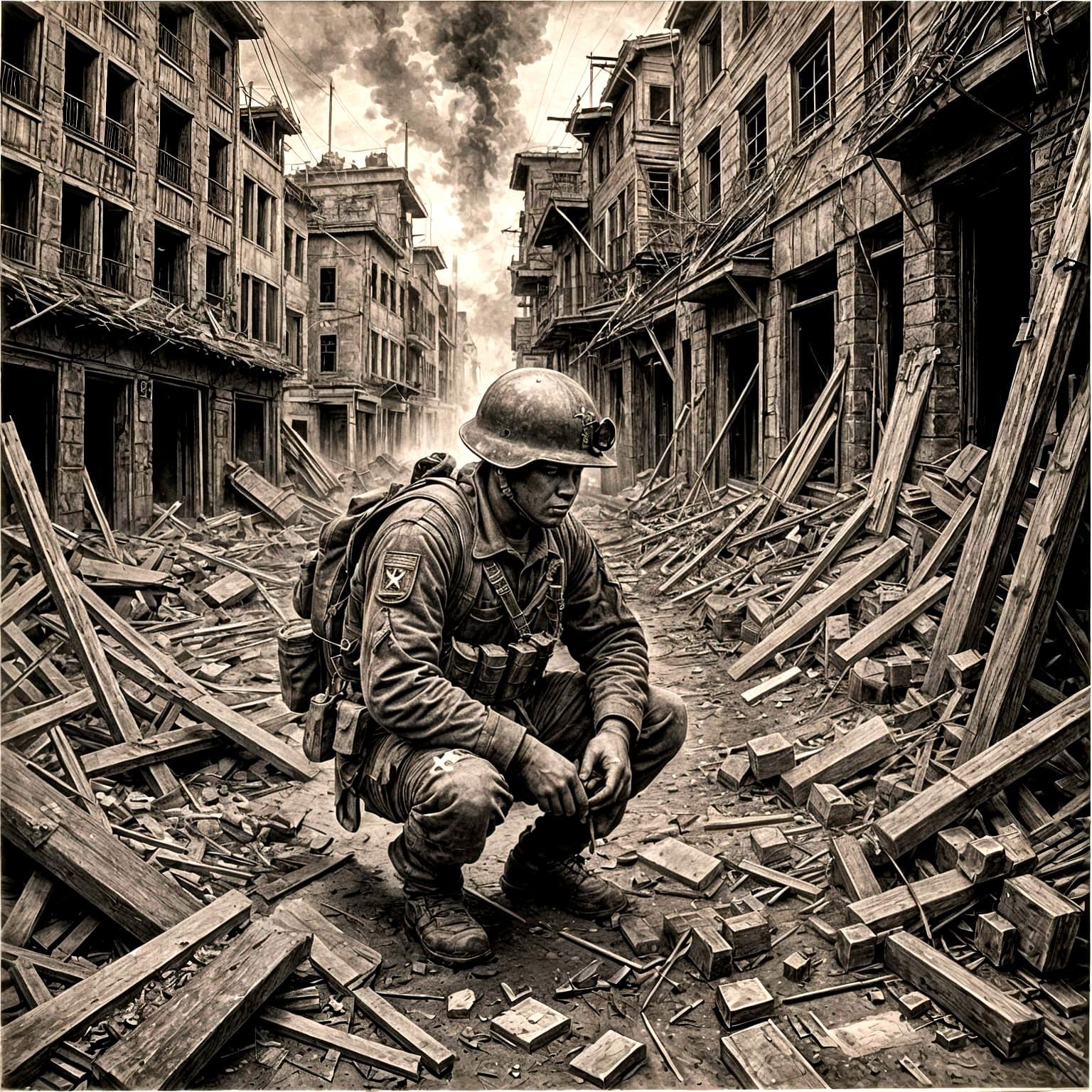 Hyperdetailed Charcoal Drawing of War