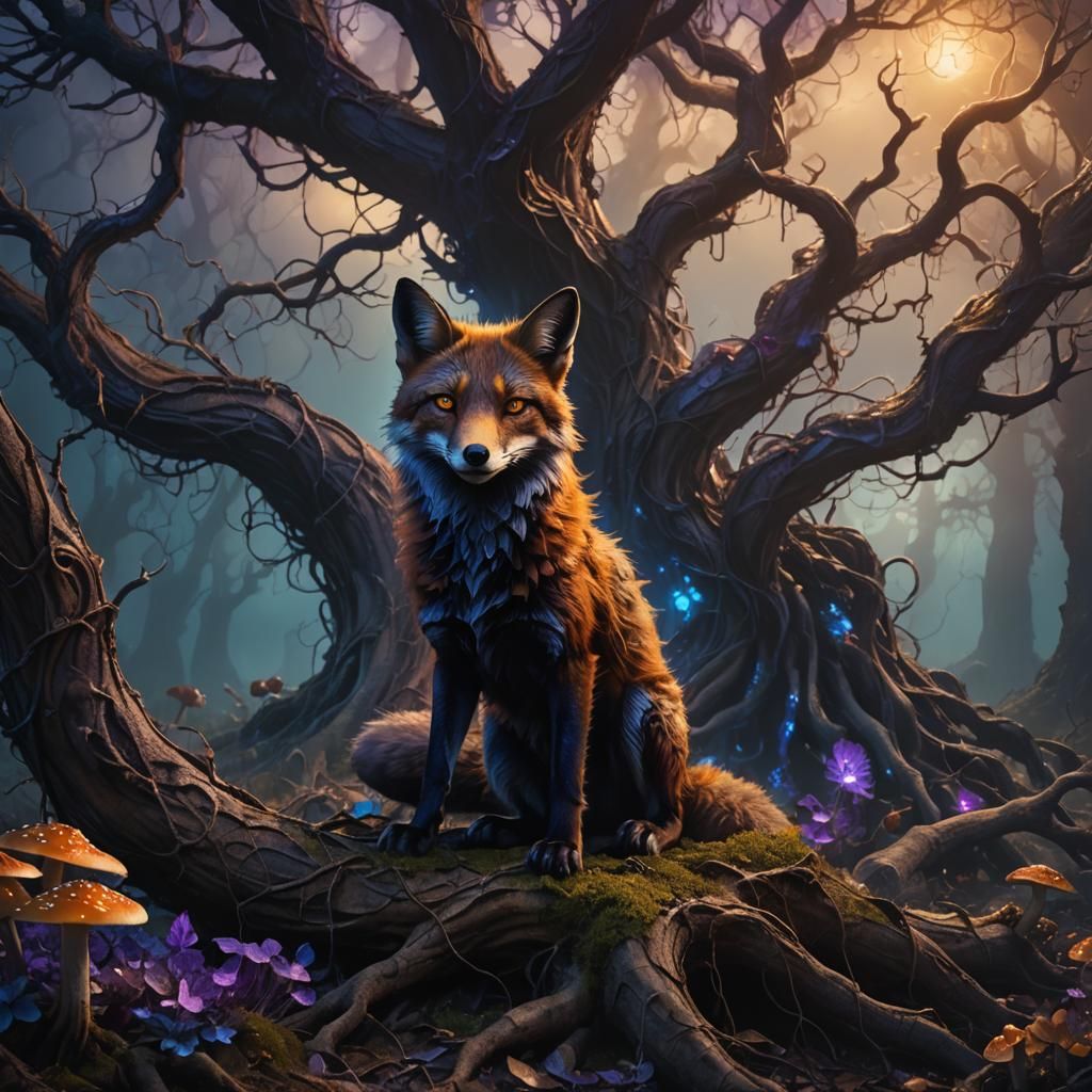 Mystical Dark Fox in Ethereal Fantasy Landscape
