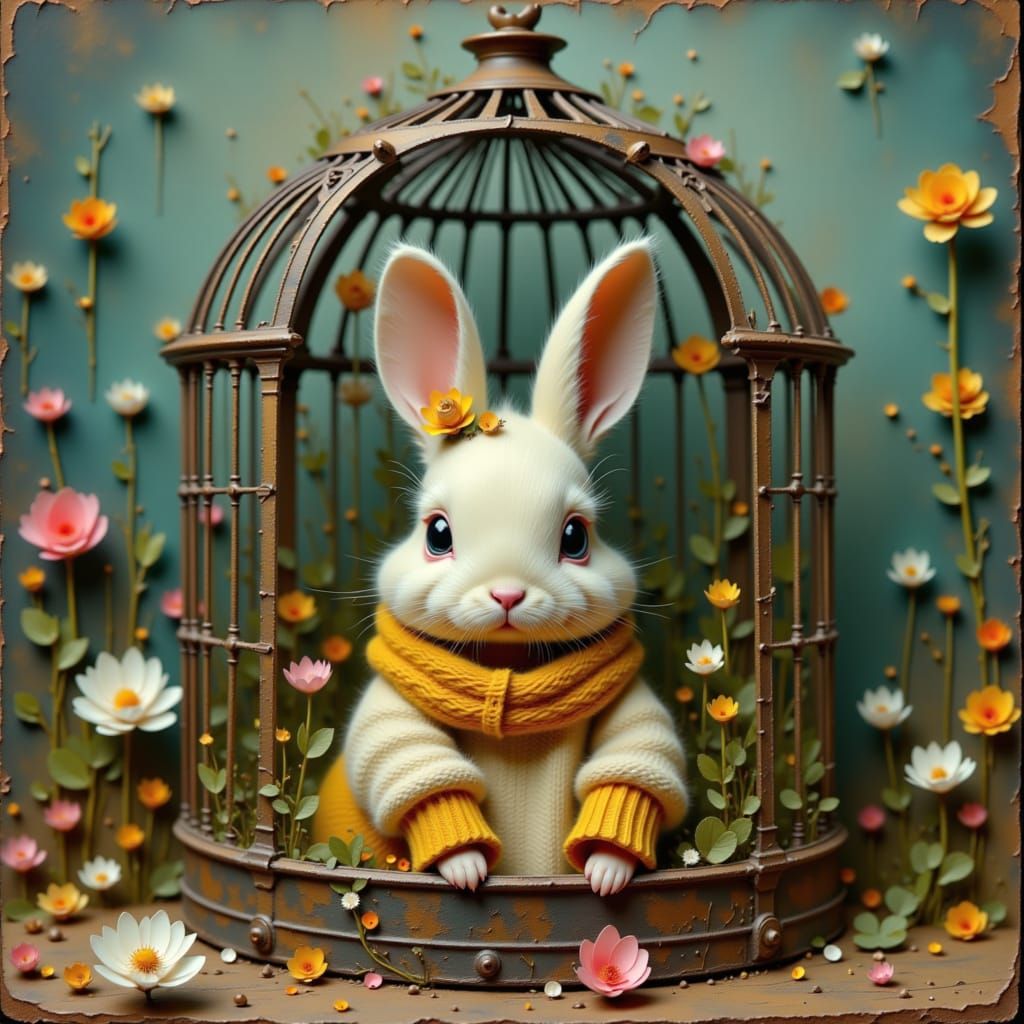 Bunny in Birdcage: Whimsical Fantasy Art