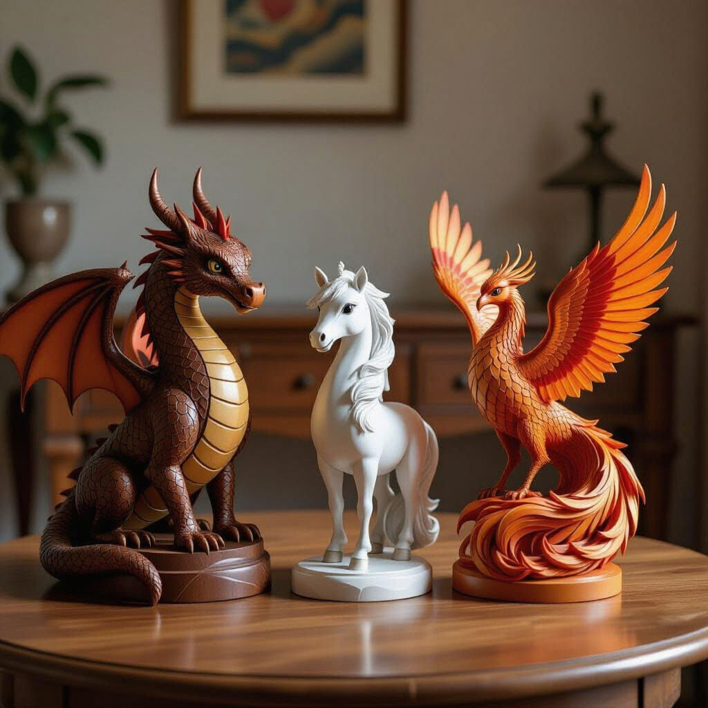 Wood Sculptures of Dragon, Alicorn, and Phoenix