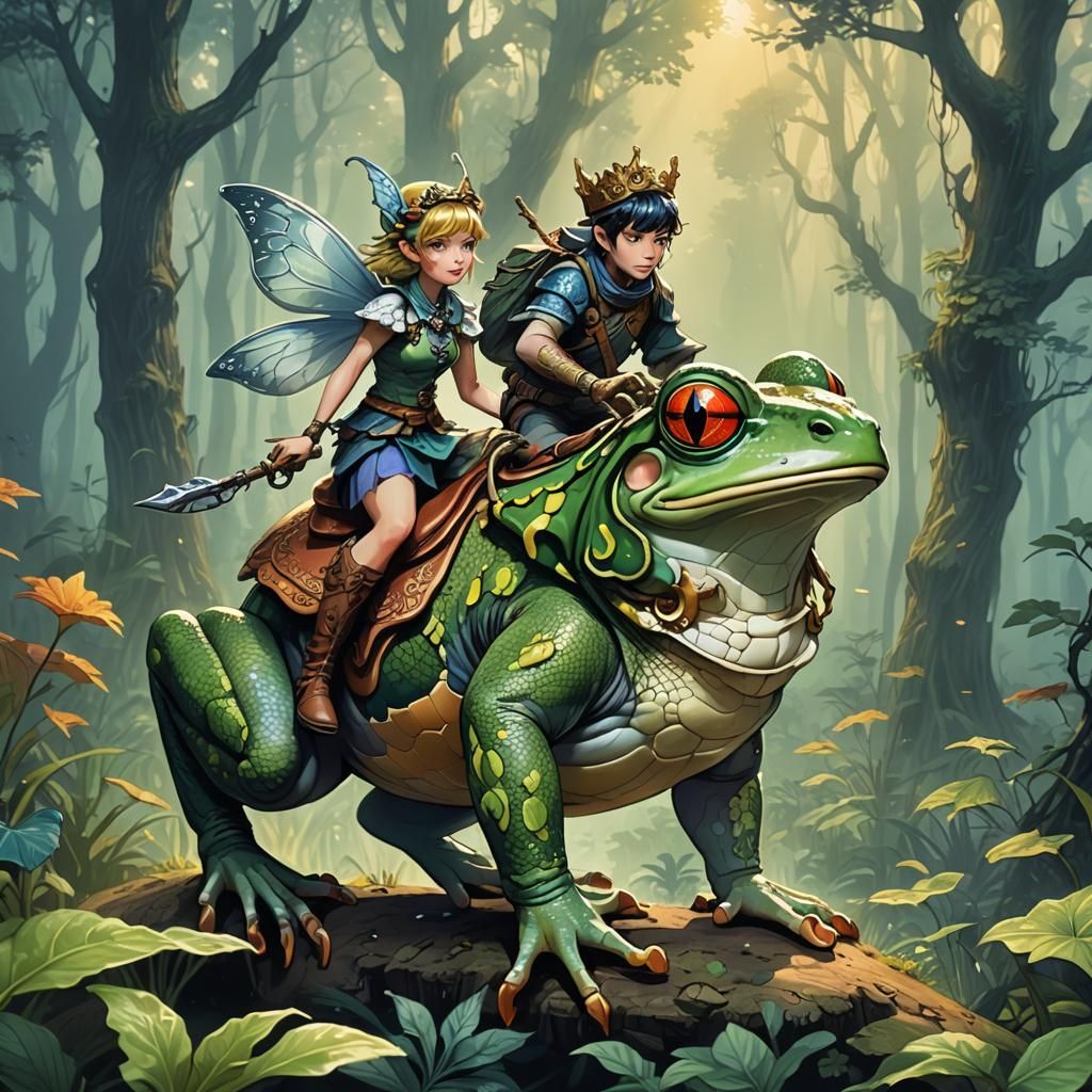 Fairy on Frog in Misty Forest: Cell Shading Style
