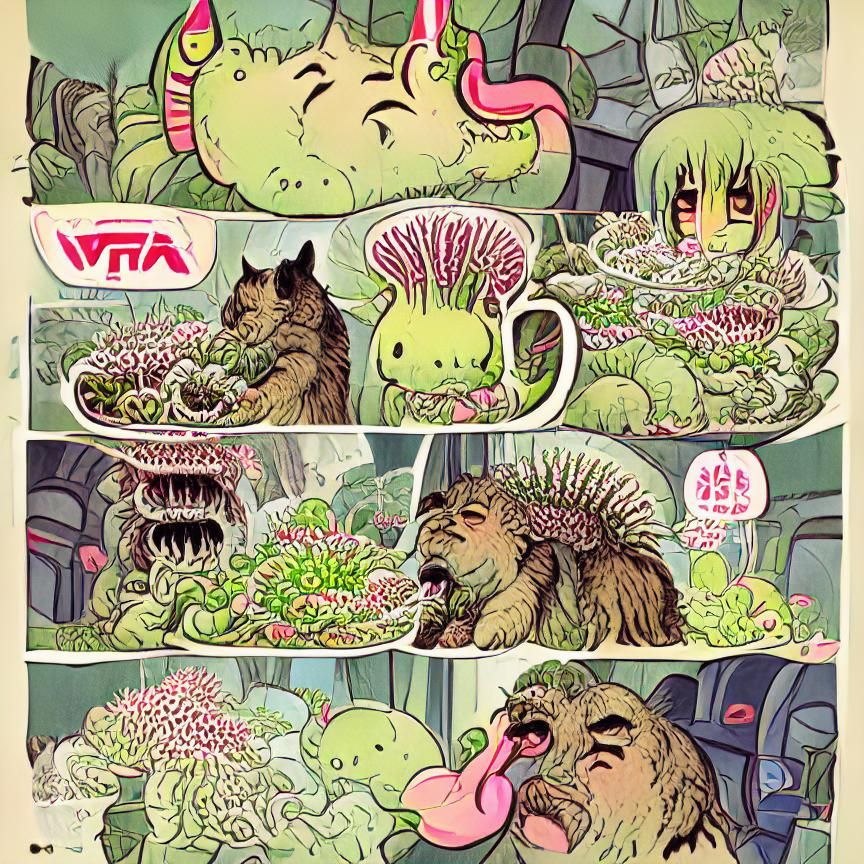 comic page of strange carnivorous plant eating a cute fluffy creature (artistic version)