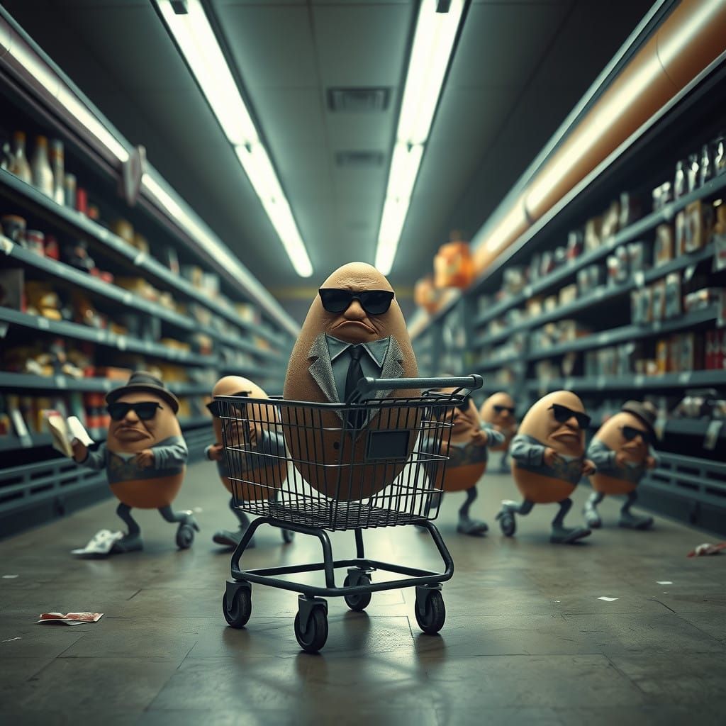 Angry Eggs Pull Shopping Cart through Moody Grocery Aisle in...
