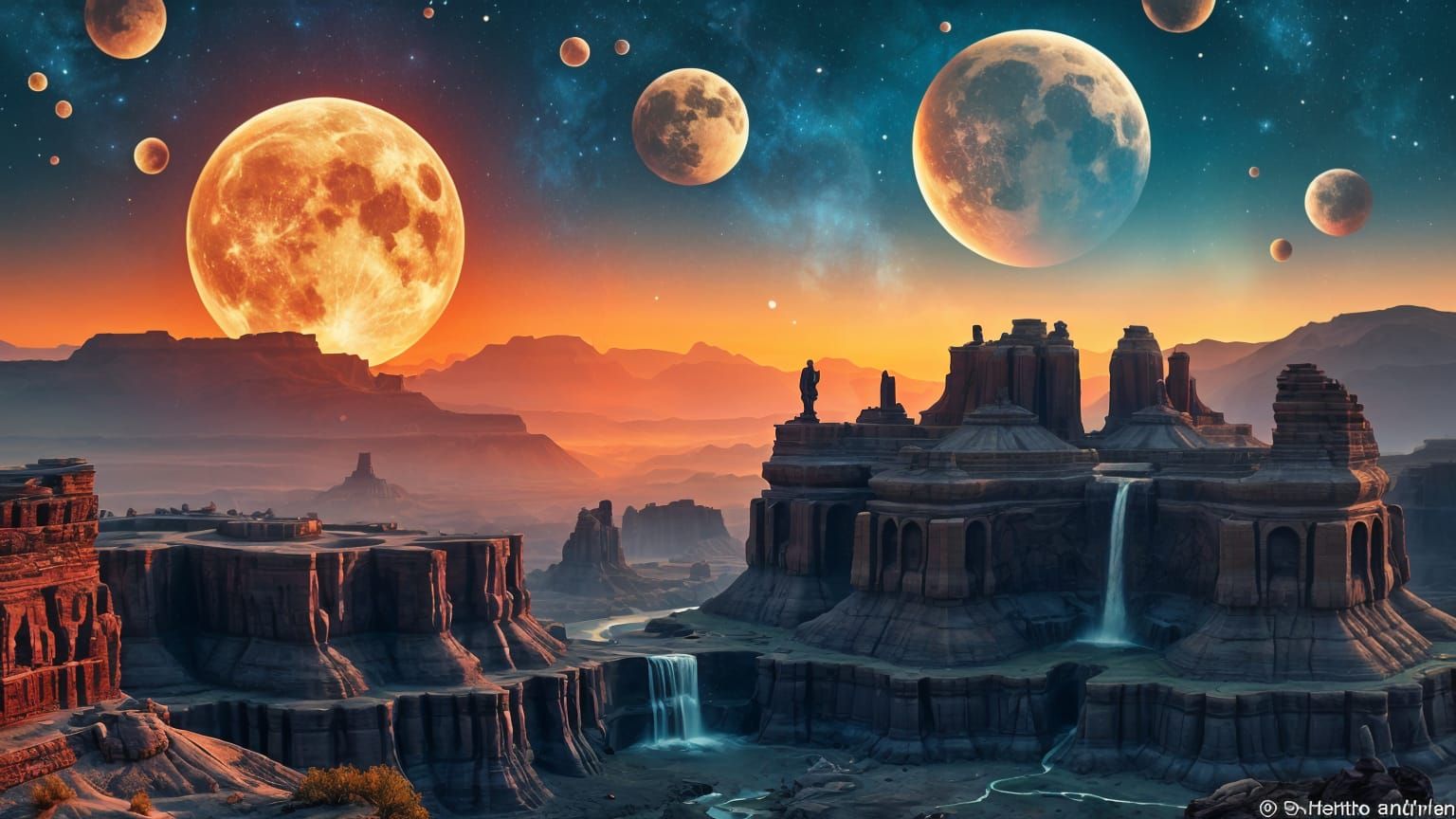 Alien Landscape with Waterfalls in Aetherpunk Style