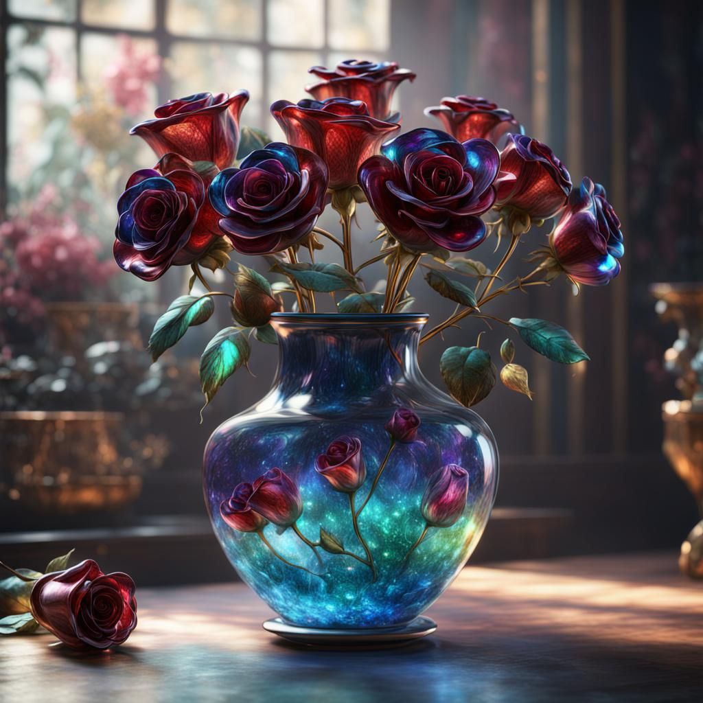 Blown Glass Roses in Shimmering Vase