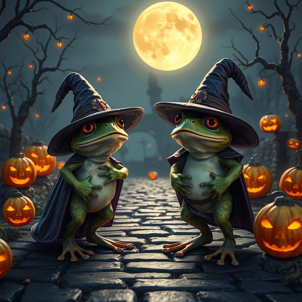 Two whimsical frogs dressed as witches stand on a cobbleston...