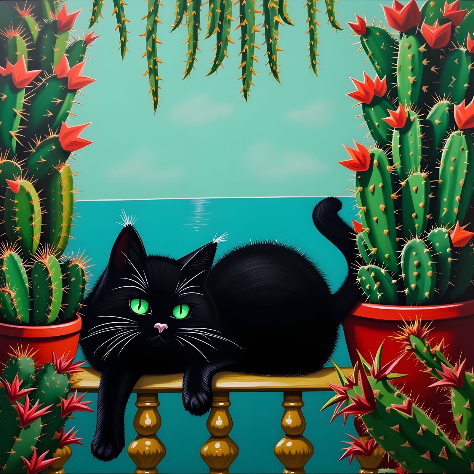 Cat Stretching on Balcony with Flowering Cactus