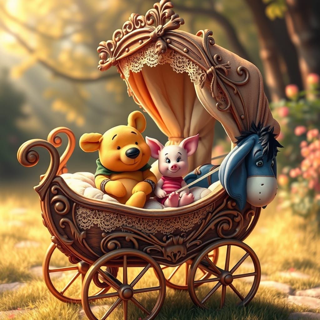 Pooh and Friends in Whimsical Victorian Baby Carriage