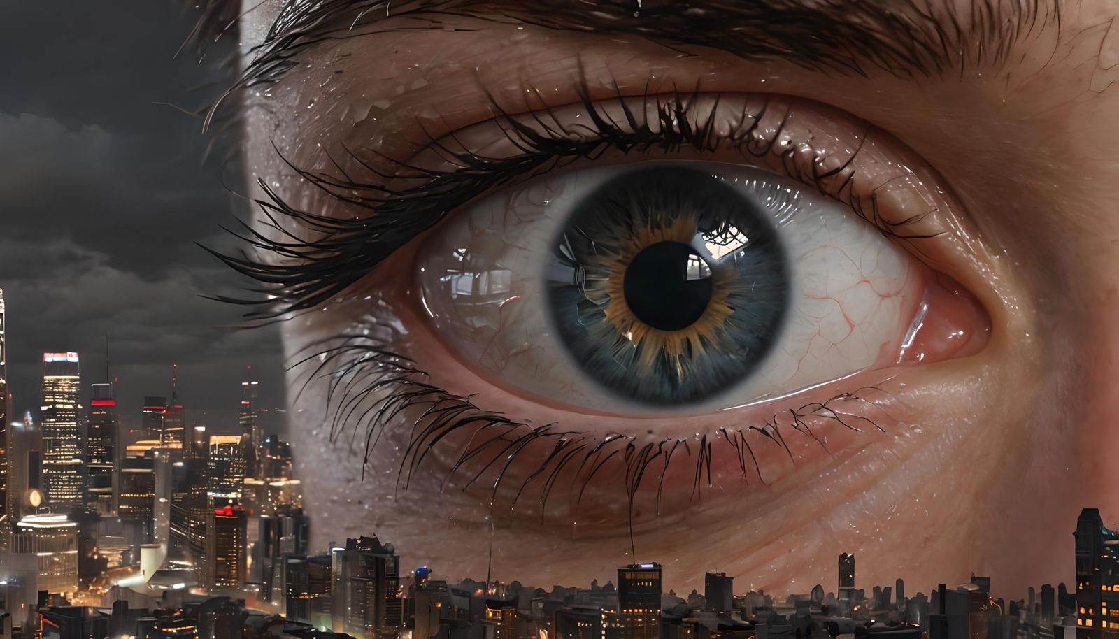 Ominous Eyeball Over City in Hyperrealistic Style